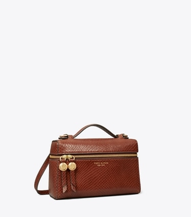 Tory Burch designer crossbody bags Romy Snake-Embossed Slim Top Handle in Sweet Maple angle