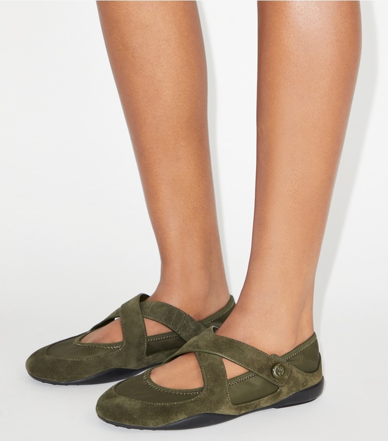 Tory Burch designer flats Romy Sport Mary Jane in DARK IVY / DARK IVY accessory on model