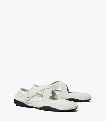 Tory Burch designer flats Romy Sport Mary Jane in BIANCO LAREDO angle