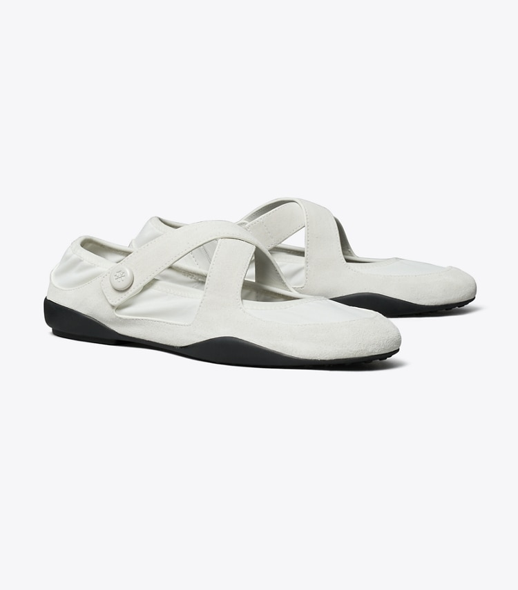 Tory Burch designer flats Romy Sport Mary Jane in BIANCO LAREDO angle
