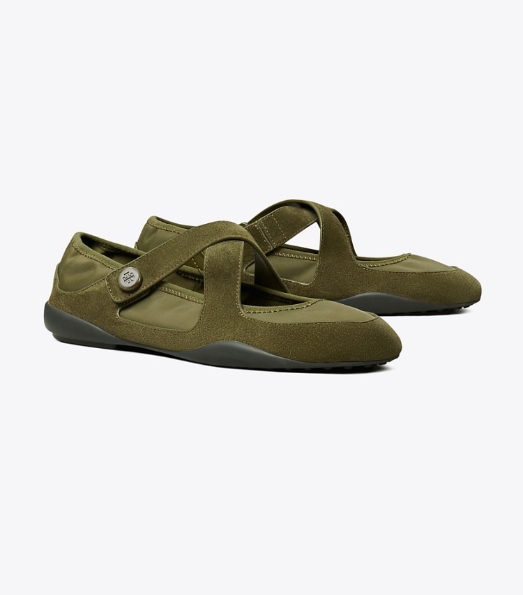 Tory Burch designer flats Romy Sport Mary Jane in DARK IVY / DARK IVY angle