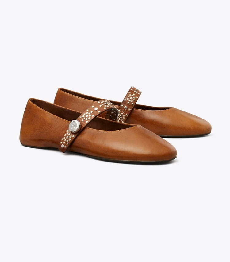 Tory Burch designer フラット ロミー スタッド メリージェーン ワイド in COGNAC angle