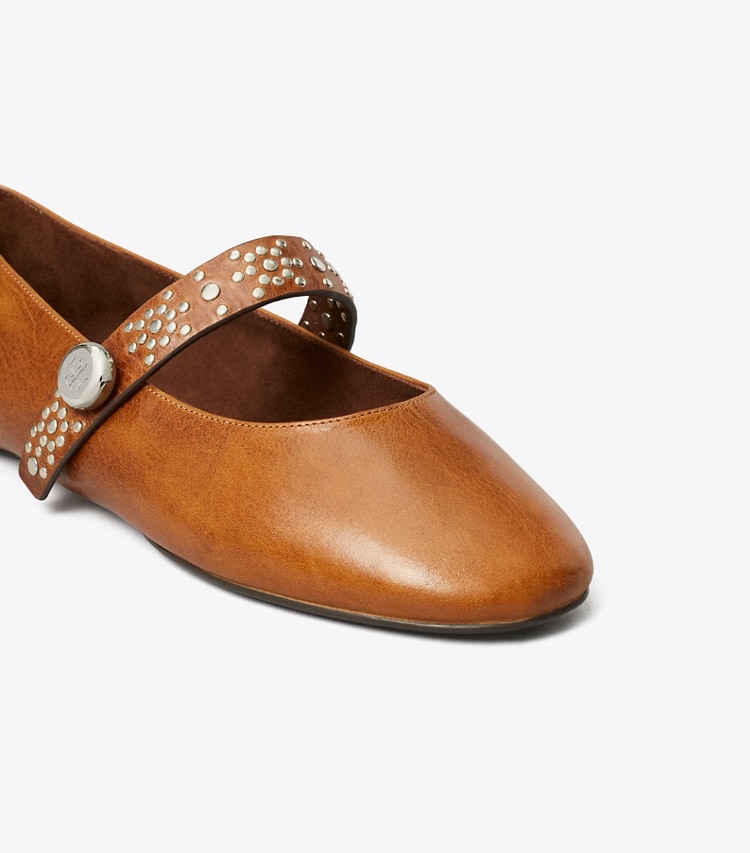 Tory Burch designer フラット ロミー スタッド メリージェーン ワイド in COGNAC ディテール