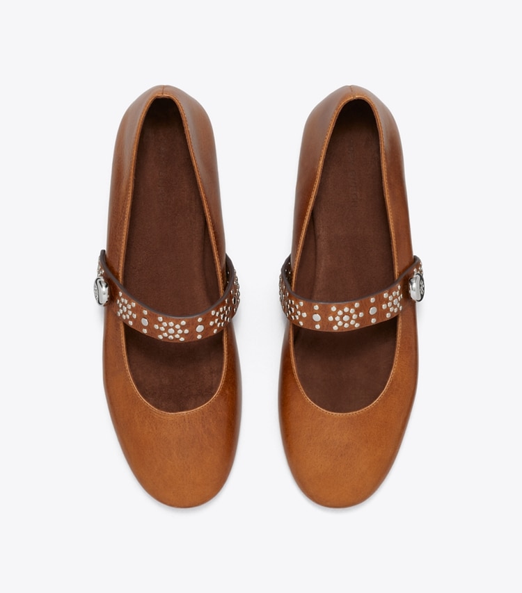 Tory Burch designer フラット ロミー スタッド メリージェーン ワイド in COGNAC オーバーヘッド