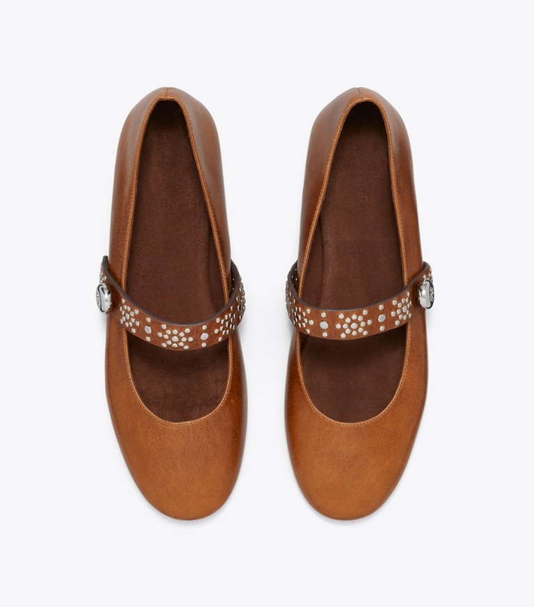 Tory Burch designer フラット ロミー スタッド メリージェーン ワイド in COGNAC オーバーヘッド