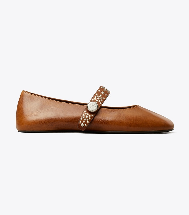 Tory Burch designer フラット ロミー スタッド メリージェーン ワイド in COGNAC side