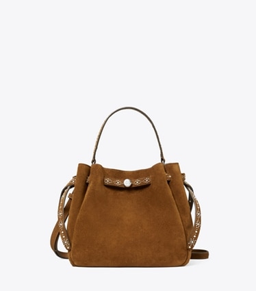 Tory Burch designer crossbody bags Romy Studded Suede Bucket Bag in Caramel front