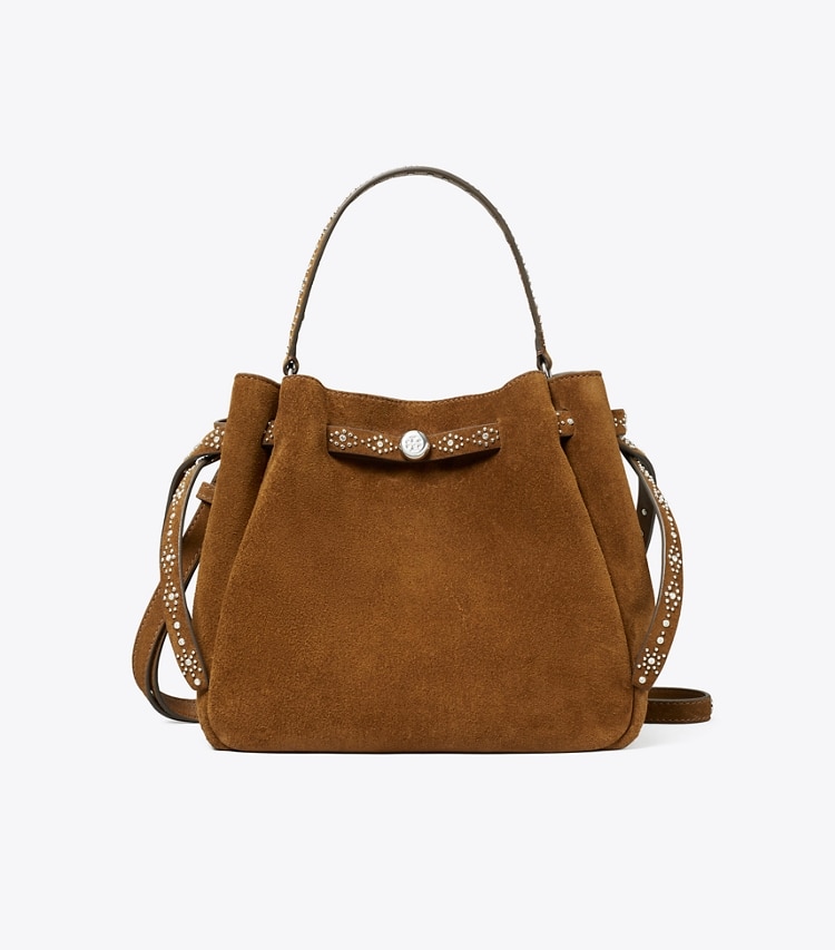 Tory Burch designer crossbody bags Romy Studded Suede Bucket Bag in Caramel front