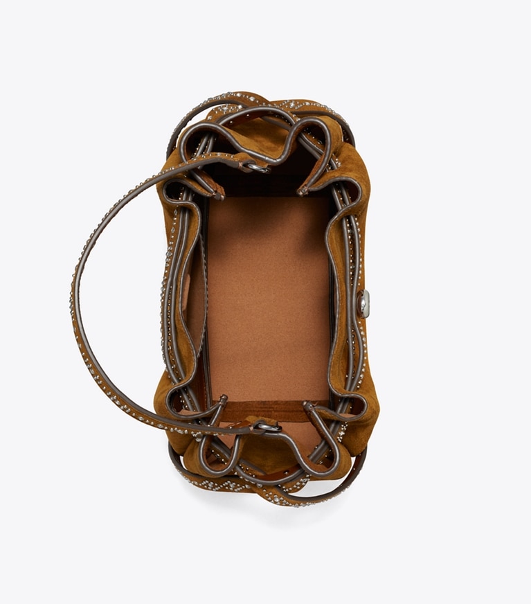 Tory Burch designer crossbody bags Romy Studded Suede Bucket Bag in Caramel overhead