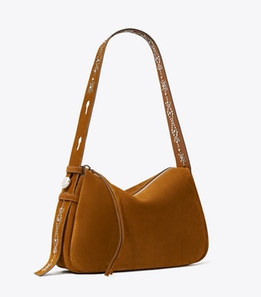 Tory Burch designer shoulder bags Romy Studded Suede Shoulder Bag in Caramel angle