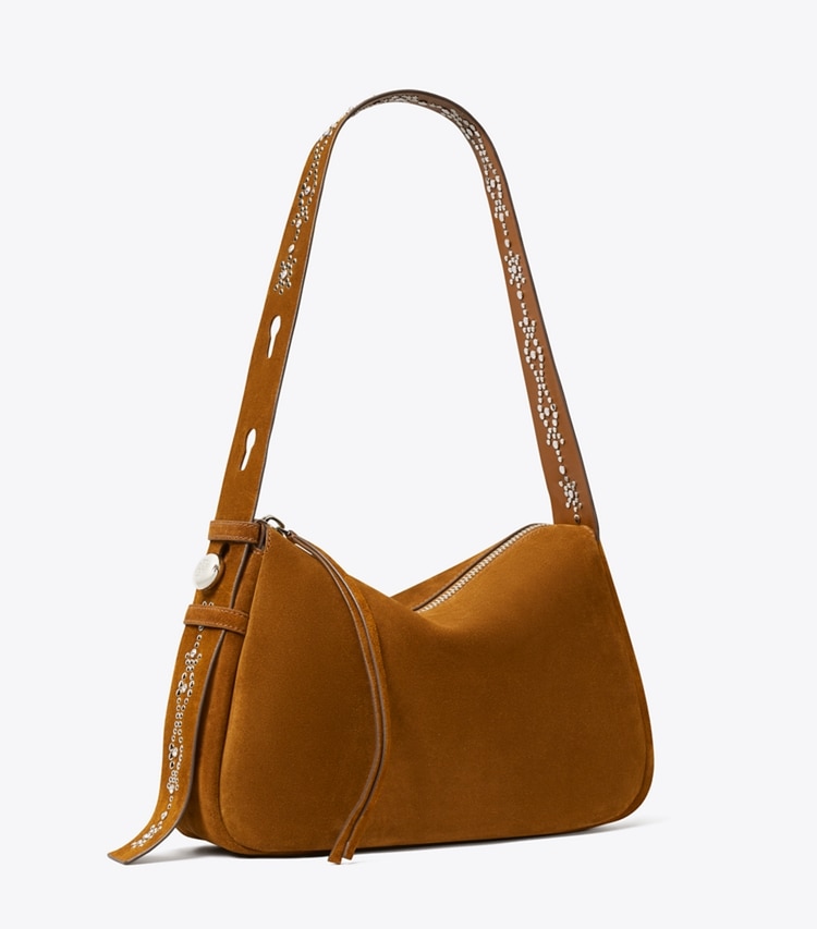 Tory Burch designer shoulder bags Romy Studded Suede Shoulder Bag in Caramel angle