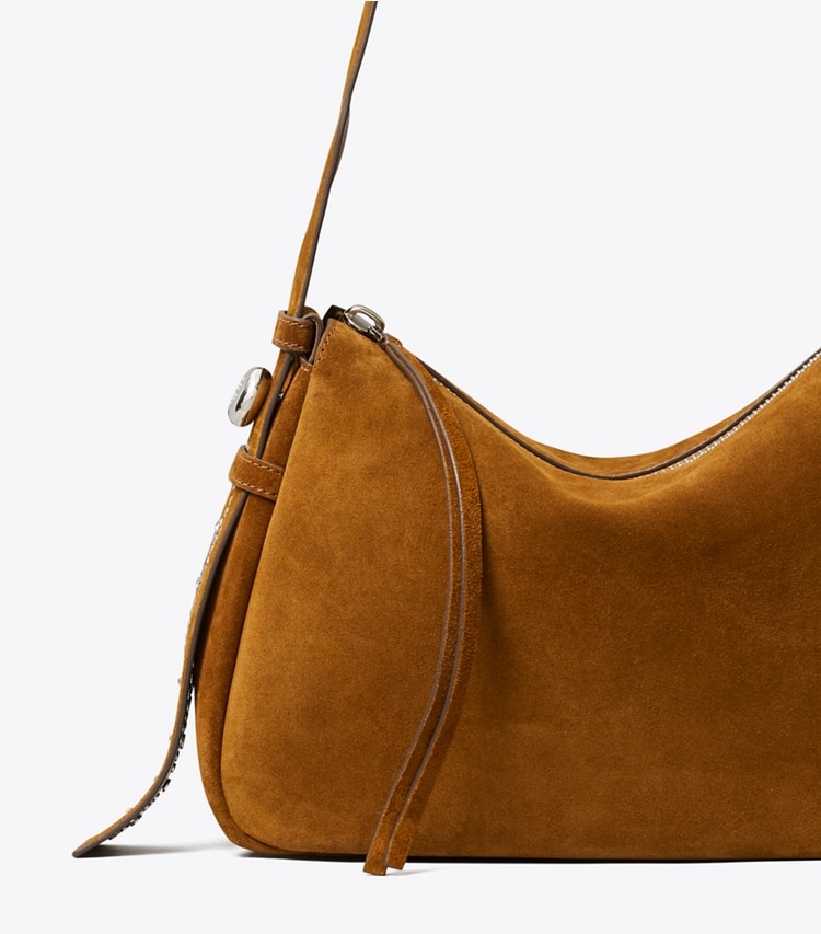 Tory Burch designer shoulder bags Romy Studded Suede Shoulder Bag in Caramel detail