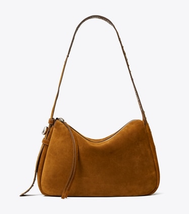 Tory Burch designer shoulder bags Romy Studded Suede Shoulder Bag in Caramel front