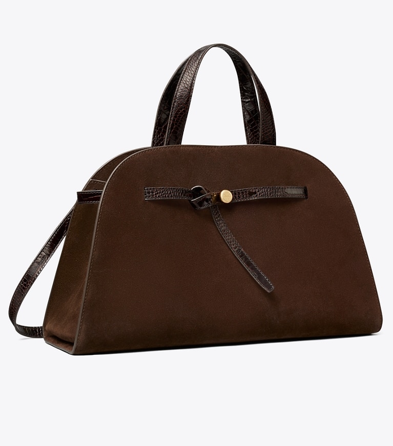 Tory Burch designer satchels Romy Suede Bauletto in DARK COCOA angle