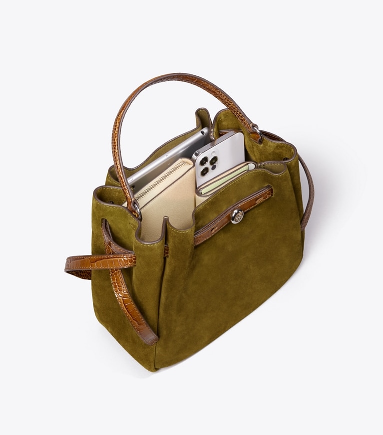 Tory Burch designer crossbody bags Romy Suede Bucket Bag in Deep Olive angle