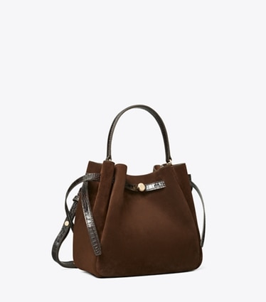 Tory Burch designer crossbody bags Romy Suede Bucket Bag in Dark Cocoa angle