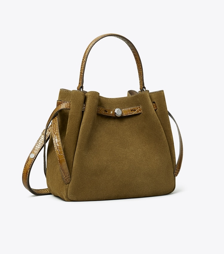 Tory Burch designer crossbody bags Romy Suede Bucket Bag in Deep Olive angle