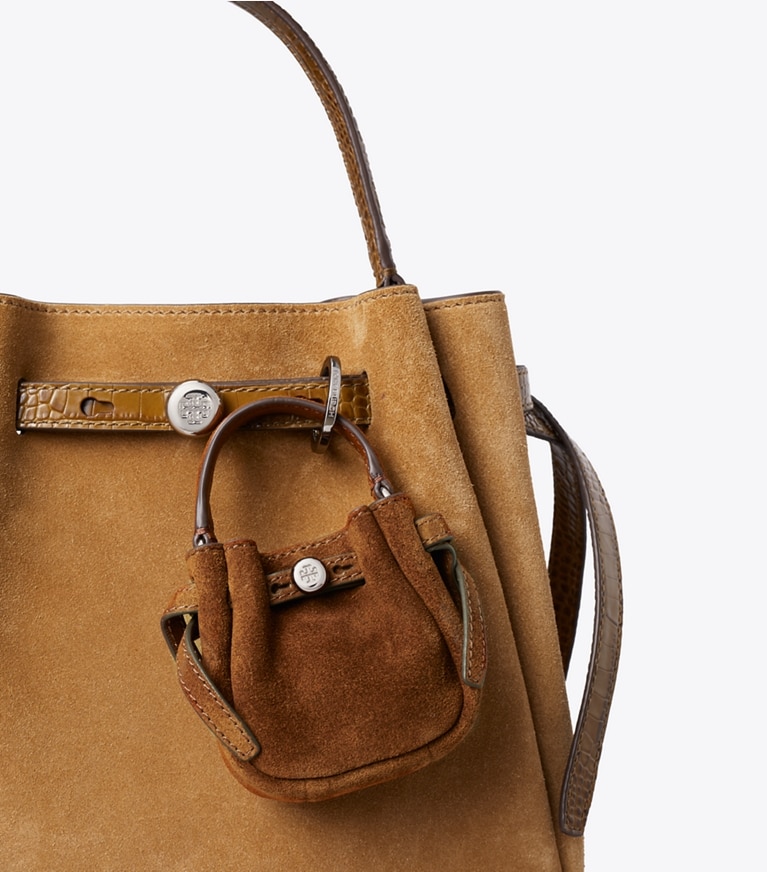 Tory Burch designer bag charms & key rings Romy Suede Bucket Bag Charm in Caramel detail