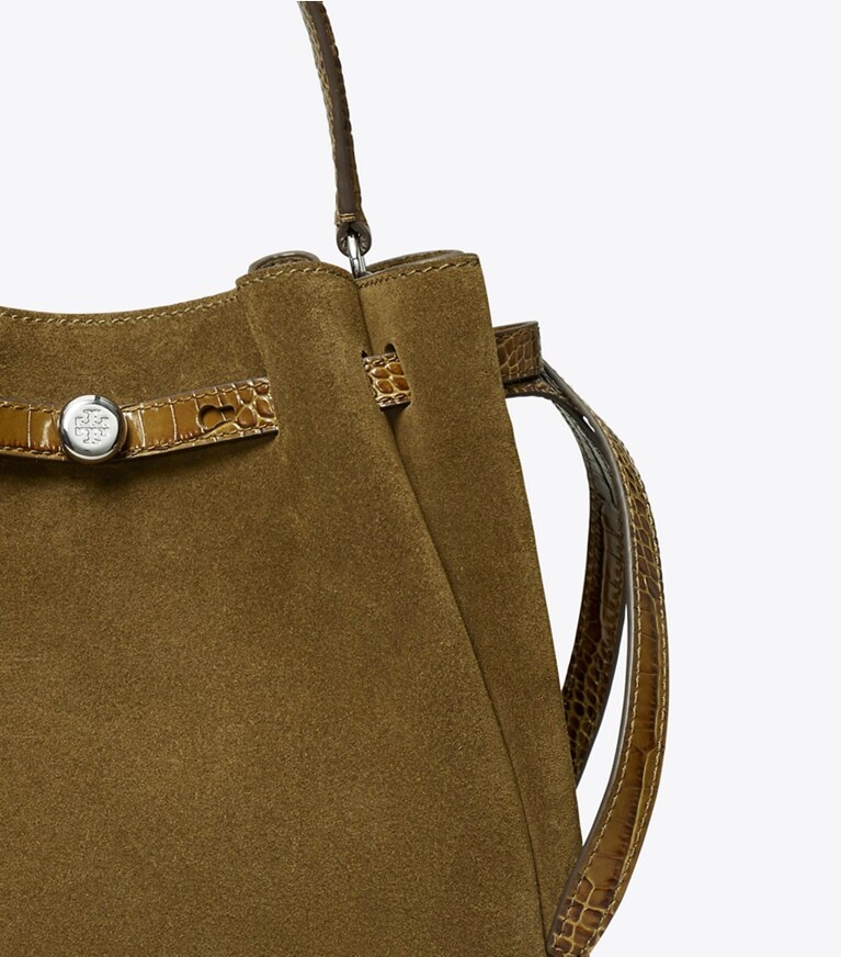 Tory Burch designer crossbody bags Romy Suede Bucket Bag in Deep Olive angle