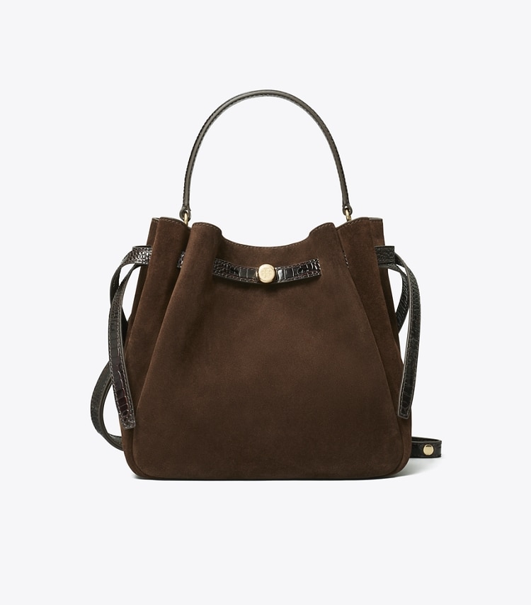 Tory Burch designer crossbody bags Romy Suede Bucket Bag in Dark Cocoa front