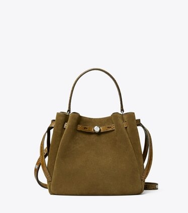 Tory Burch designer crossbody bags Romy Suede Bucket Bag in Deep Olive front