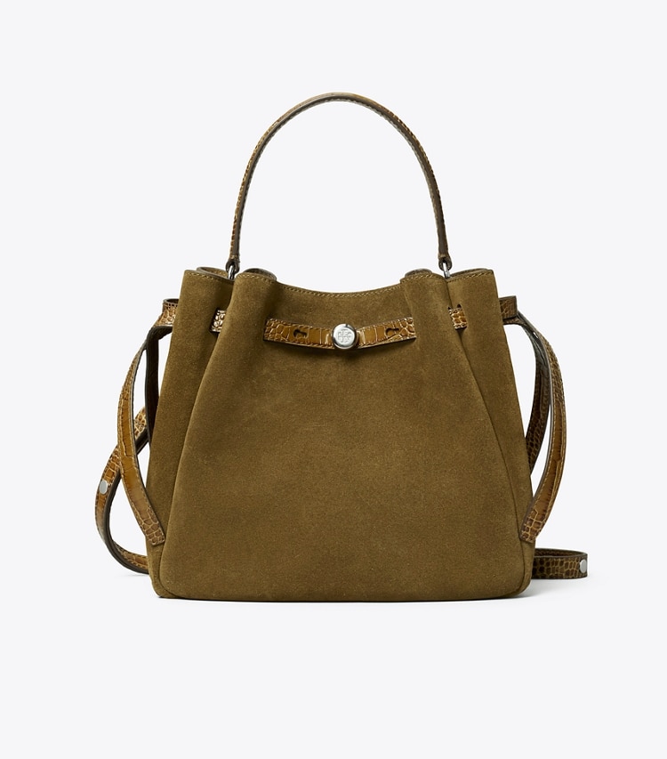 Tory Burch designer crossbody bags Romy Suede Bucket Bag in Deep Olive front