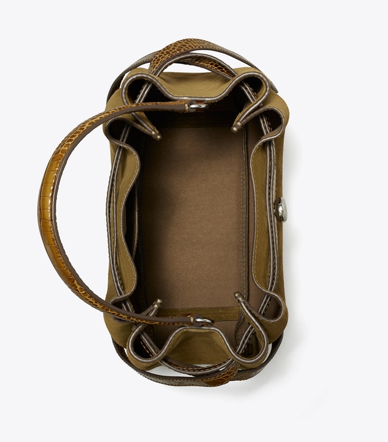 Tory Burch designer crossbody bags Romy Suede Bucket Bag in Deep Olive angle