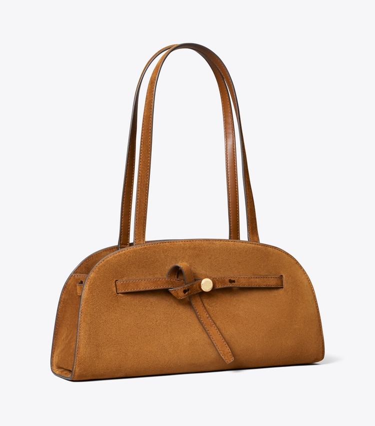 Tory Burch designer shoulder bags Romy Suede East-West Bauletto in Caramel angle