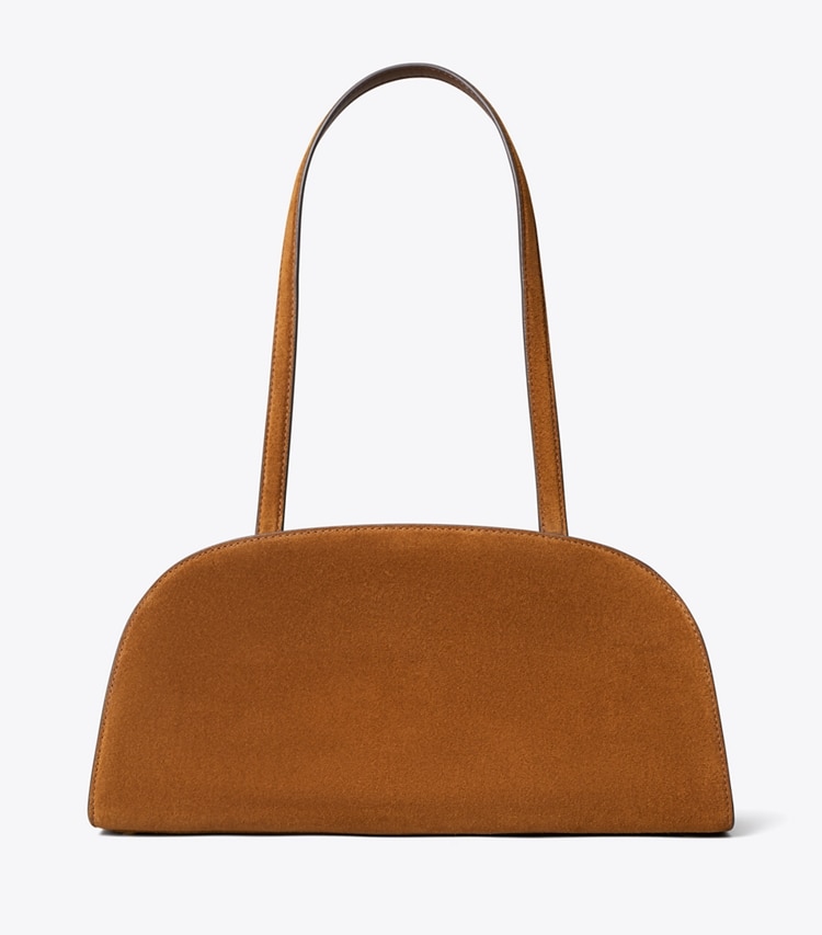 Tory Burch designer shoulder bags Romy Suede East-West Bauletto in Caramel back