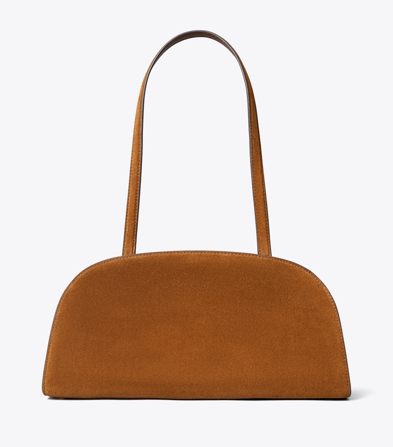 Tory Burch designer shoulder bags Romy Suede East-West Bauletto in Caramel back