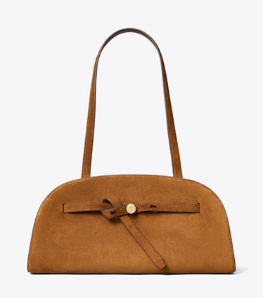 Tory Burch designer shoulder bags Romy Suede East-West Bauletto in Caramel front