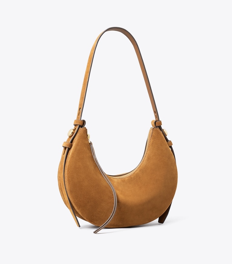 Tory Burch designer shoulder bags Romy Suede Half Moon Bag in Caramel angle