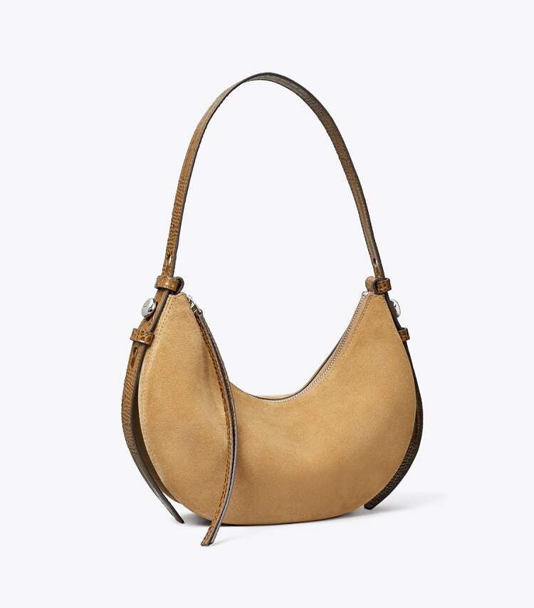 Tory Burch designer shoulder bags Romy Suede Half Moon Bag in Stone angle
