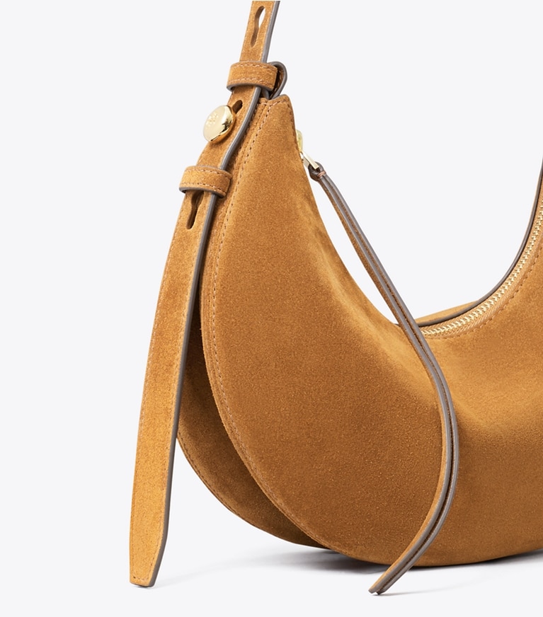 Tory Burch designer shoulder bags Romy Suede Half Moon Bag in Caramel detail