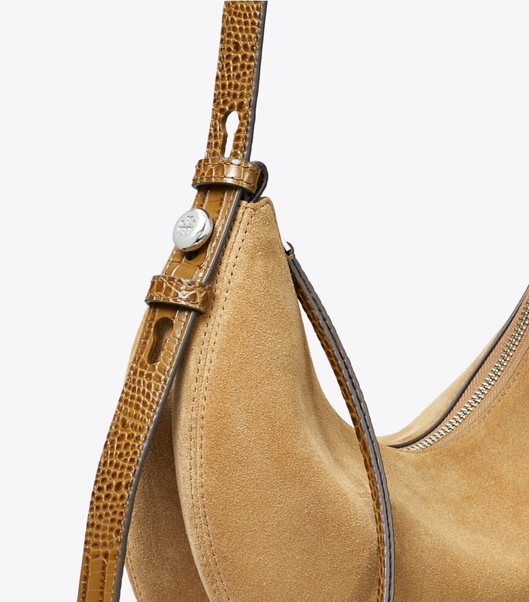 Tory Burch designer shoulder bags Romy Suede Half Moon Bag in Stone detail