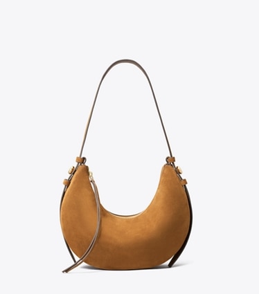 Tory Burch designer shoulder bags Romy Suede Half Moon Bag in Caramel front