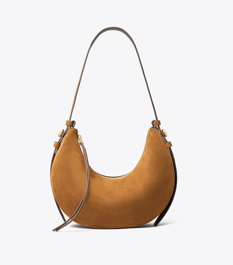 Tory Burch designer shoulder bags Romy Suede Half Moon Bag in Caramel front