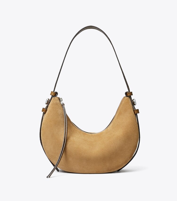 Tory Burch designer shoulder bags Romy Suede Half Moon Bag in Stone front