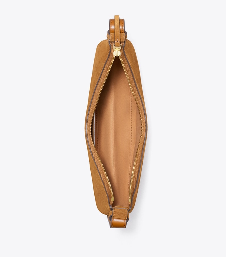 Tory Burch designer shoulder bags Romy Suede Half Moon Bag in Caramel overhead