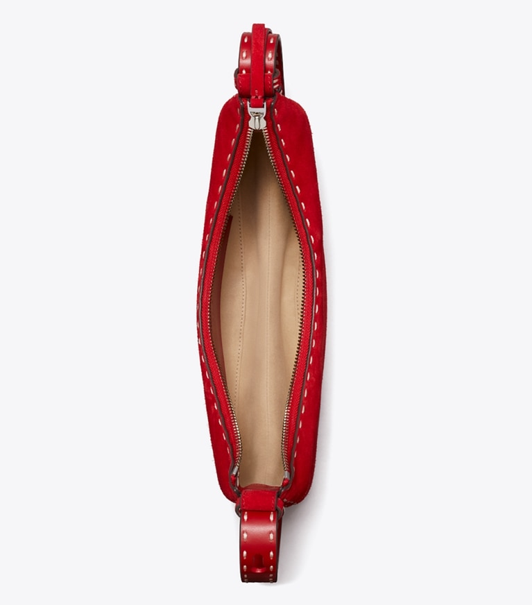 Tory Burch designer shoulder bags Romy Suede Half Moon Bag in Toucan Red overhead
