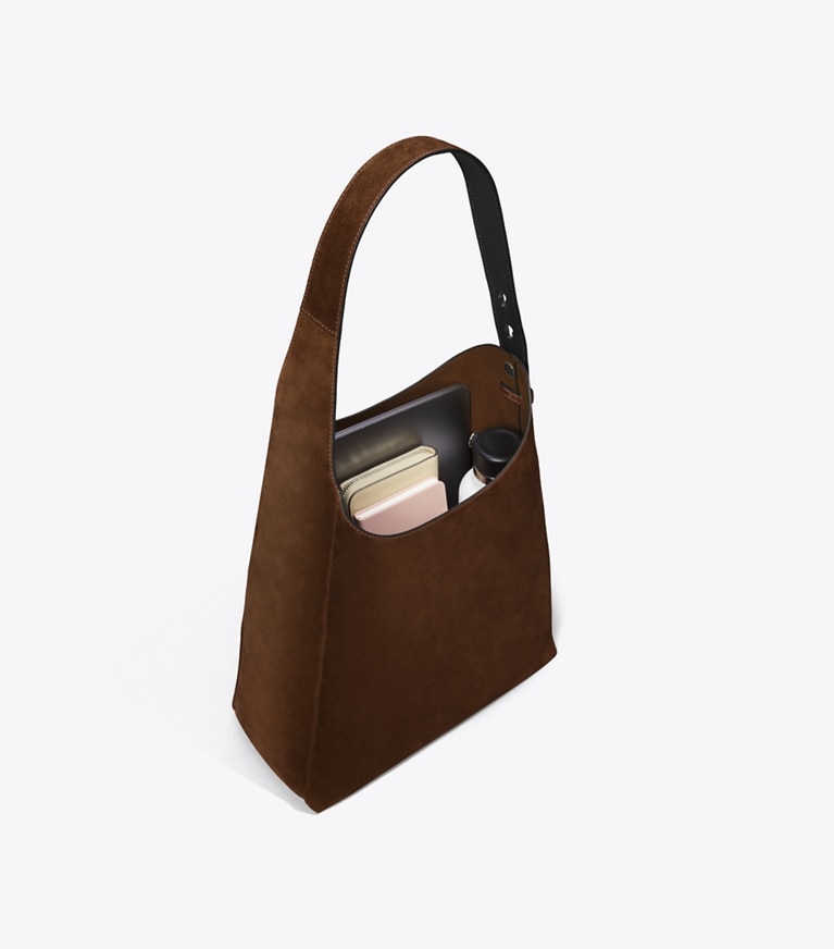 Tory Burch designer hobo bags Romy Suede Hobo Bag in Dark Cocoa angle