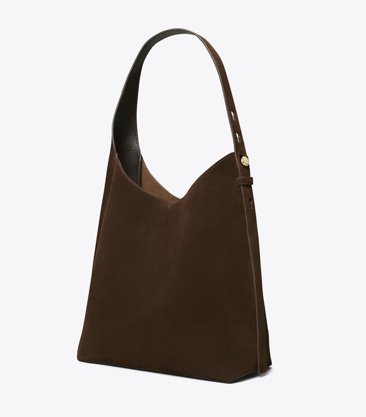 Tory Burch designer hobo bags Romy Suede Hobo Bag in Dark Cocoa angle