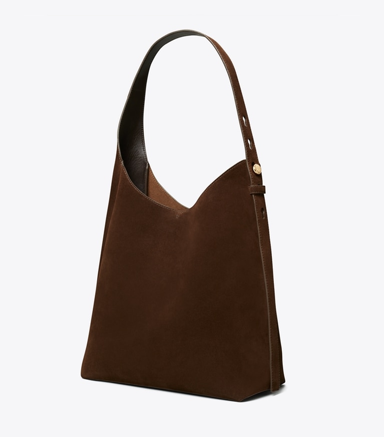 Tory Burch designer hobo bags Romy Suede Hobo Bag in Dark Cocoa angle