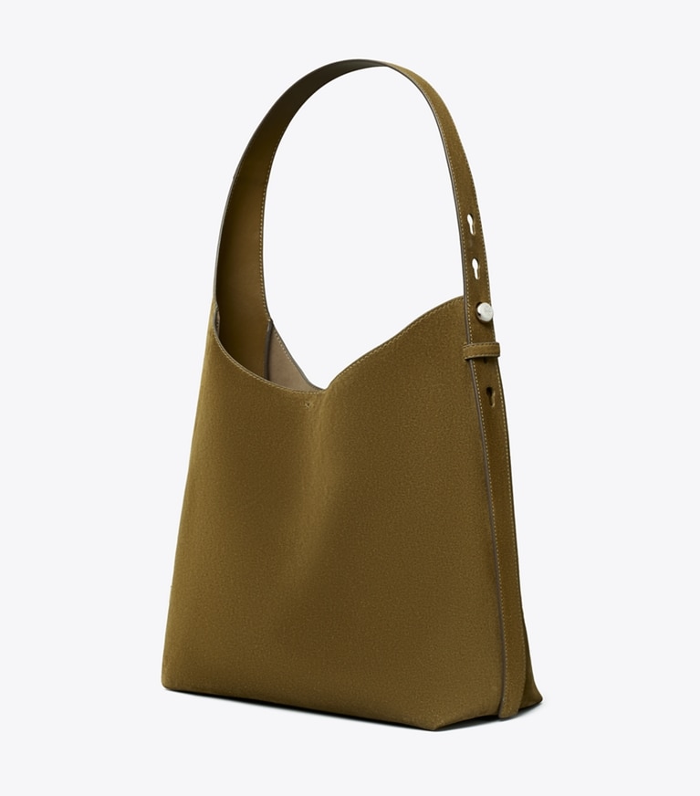 Tory Burch designer hobo bags Romy Suede Hobo Bag in Deep Olive angle