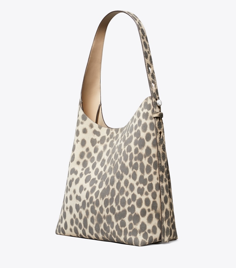 Tory Burch designer shoulder bags Romy Suede Hobo Bag in Cheetah Spots angle