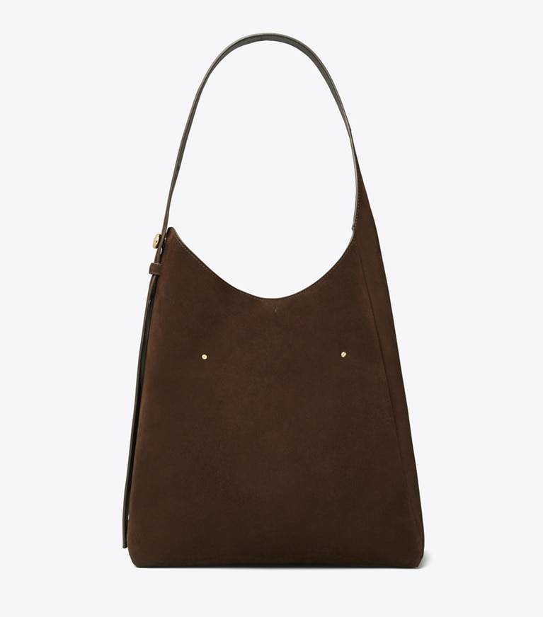Tory Burch designer hobo bags Romy Suede Hobo Bag in Dark Cocoa angle
