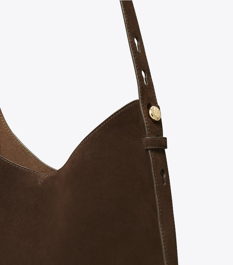 Tory Burch designer hobo bags Romy Suede Hobo Bag in Dark Cocoa angle