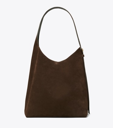 Tory Burch designer hobo bags Romy Suede Hobo Bag in Dark Cocoa front