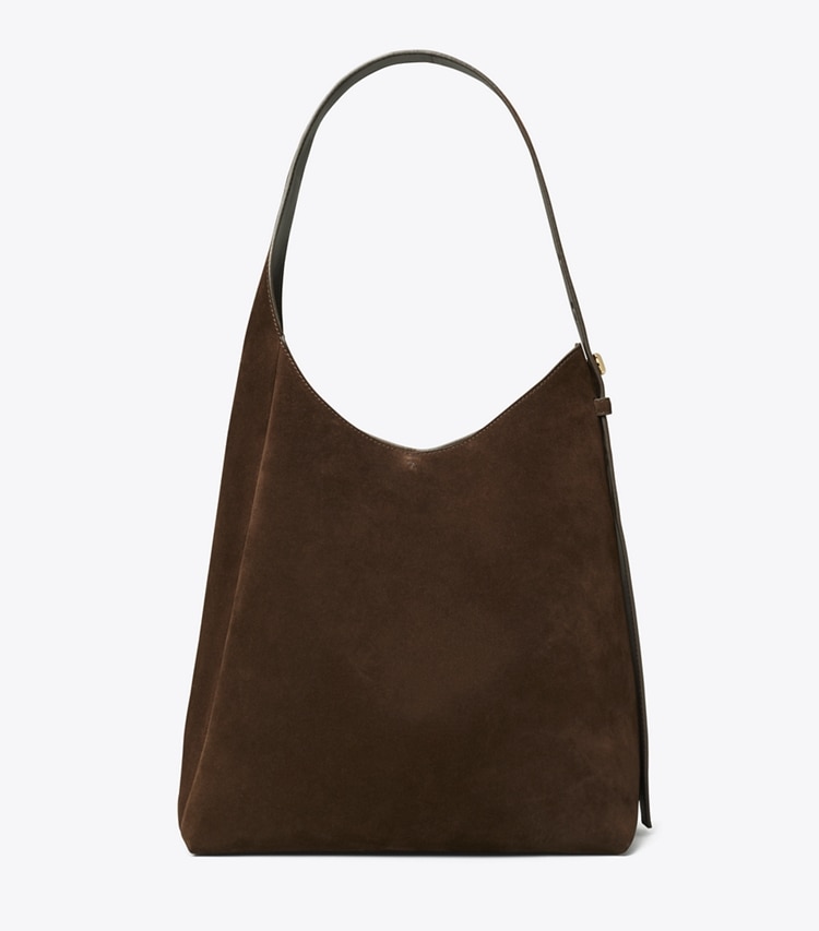 Tory Burch designer hobo bags Romy Suede Hobo Bag in Dark Cocoa front