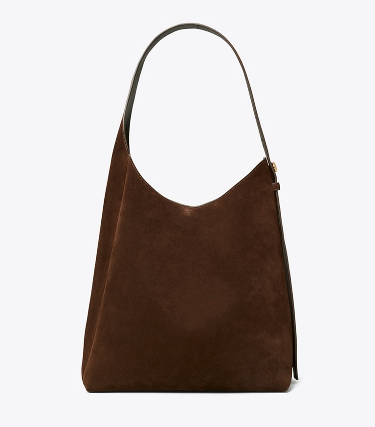 Tory Burch designer hobo bags Romy Suede Hobo Bag in Dark Cocoa angle